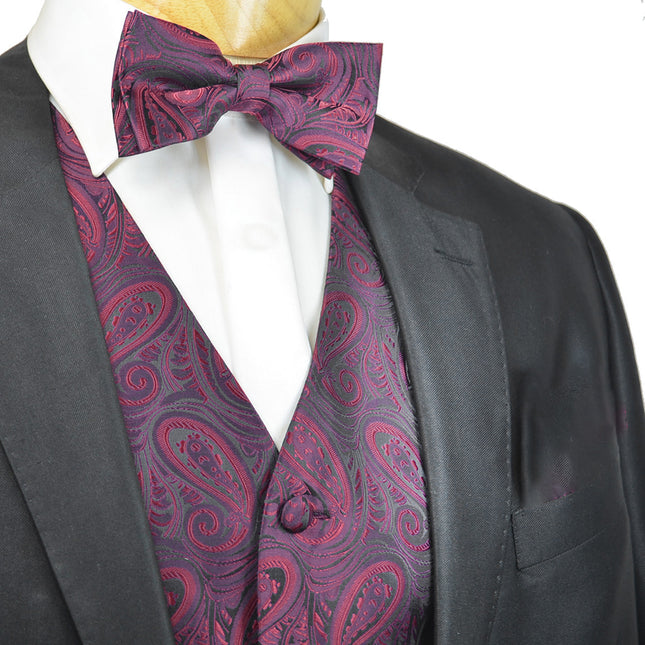 Classic Wine Red Paisley Tuxedo Vest Set Paul Malone Vest - Paul Malone.com
