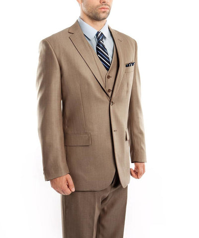 Suit Clearance: Classic Solid Textured Dark Tan Suit with Vest 40R Tazio Suits - Paul Malone.com