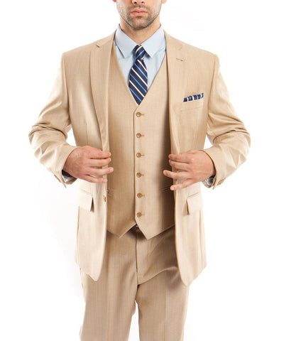 Suit Clearance: Classic Solid Textured Lite Beige Suit with Vest 46L Tazio Suits - Paul Malone.com