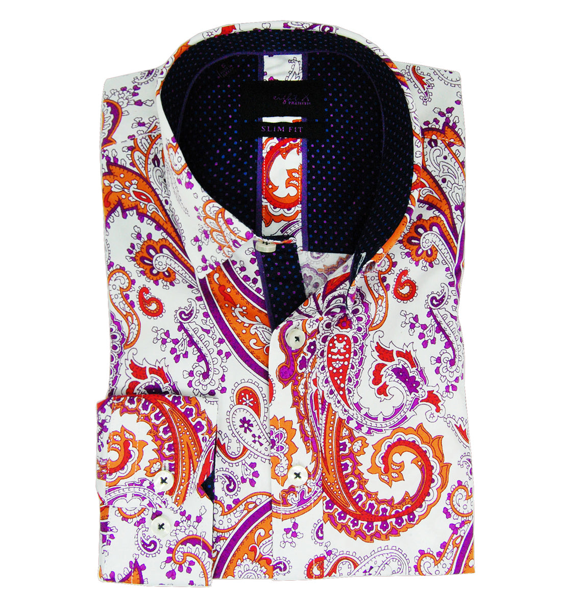 Slim Fit Paisley Cotton Shirt in Purple, Blue and Orange | Paul Malone