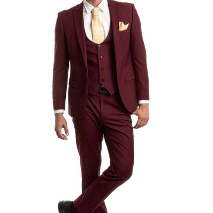 Burgundy Slim Fit Men's Suit with Vest Set Tazio Suits - Paul Malone.com