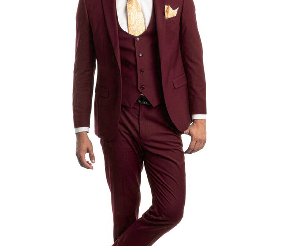 Burgundy Slim Fit Men's Suit with Vest Set Paul Malone Burgundy Slim Fit Men's Suit with Vest Set Paul Malone