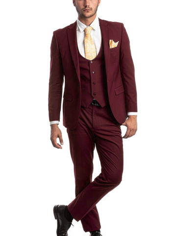 Burgundy Slim Fit Men's Suit with Vest Set Tazio Suits - Paul Malone.com