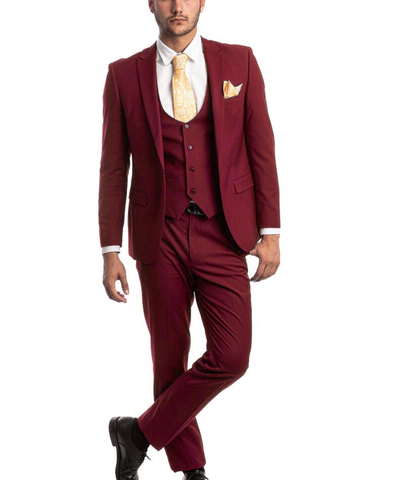 Cherry Red Slim Fit Men's Suit with Vest Set Tazio Suits - Paul Malone.com