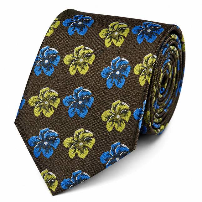 Brown and Green Floral Men's Tie and Pocket Square