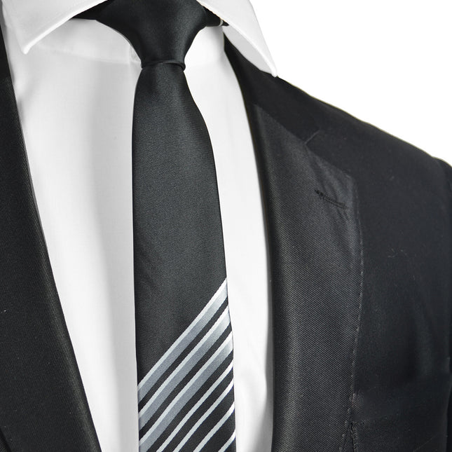 Black and Silver Striped Slim Panel Tie Paul Malone Ties - Paul Malone.com