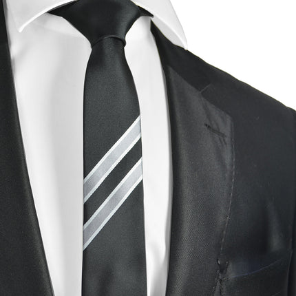 Black and Silver Slim Panel Tie Paul Malone Ties - Paul Malone.com