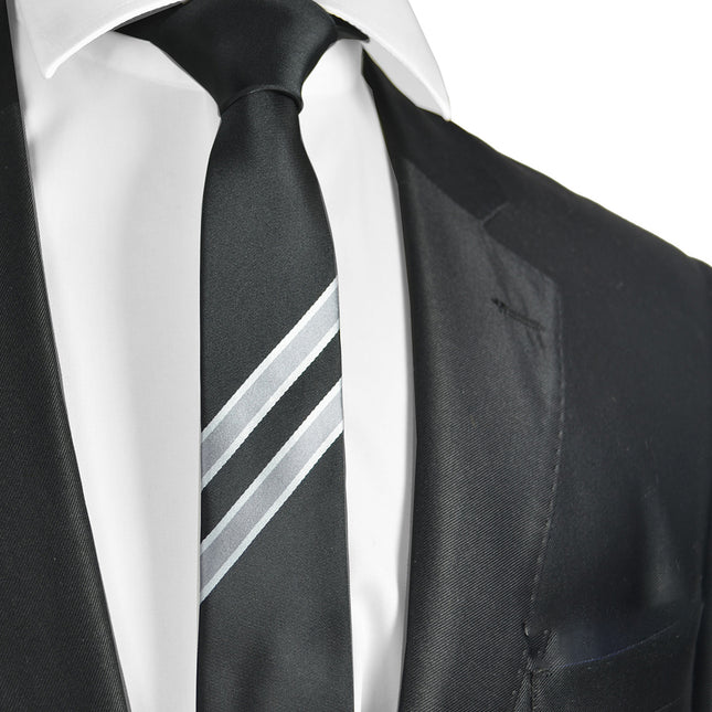 Black and Silver Slim Panel Tie Paul Malone Ties - Paul Malone.com