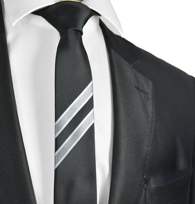 Black and Silver Slim Panel Tie Paul Malone Ties - Paul Malone.com