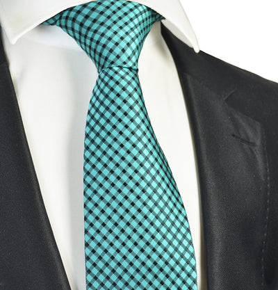 Teal and Black Checkered Men's Necktie Paul Malone Ties - Paul Malone.com