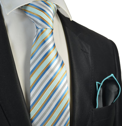 Teal and Brown Striped Men's Tie and Pocket Square Paul Malone Ties - Paul Malone.com