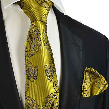 Yellow Gold Paisley Tie and Pocket Square Paul Malone Ties - Paul Malone.com