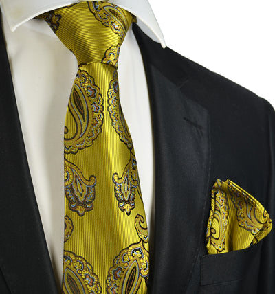 Yellow Gold Paisley Tie and Pocket Square Paul Malone Ties - Paul Malone.com