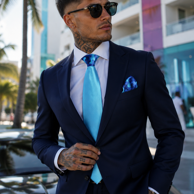 Solid Blue Contrast Knot Tie Set by Paul Malone Paul Malone Ties - Paul Malone.com