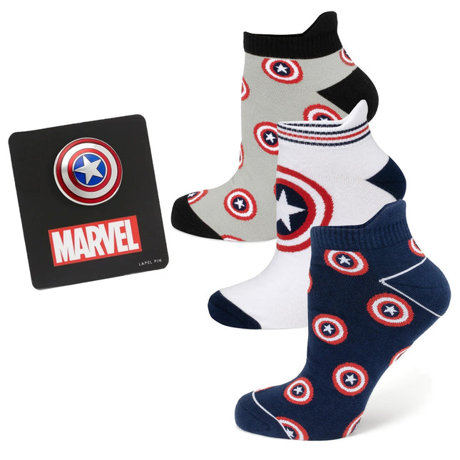 Marvel Captain America Ankle Socks 3-Pack and Lapel Pin Gift Set Marvel Socks - Paul Malone.com