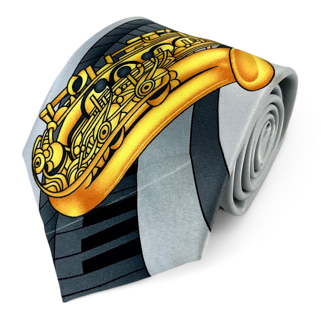 Silver and Grey Saxophone Musical Necktie Set Vittorio Farina Ties - Paul Malone.com