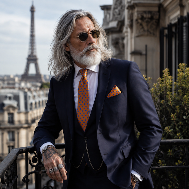 Orange and Blue Polka Dot Silk Tie and Pocket Square
