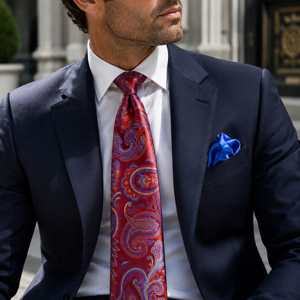 Red Paisley 7-fold Silk Tie and Pocket Square Paul Malone Ties - Paul Malone.com