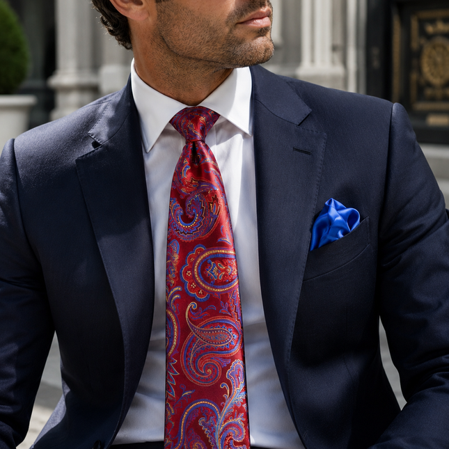 Red Paisley 7-fold Silk Tie and Pocket Square Paul Malone Ties - Paul Malone.com