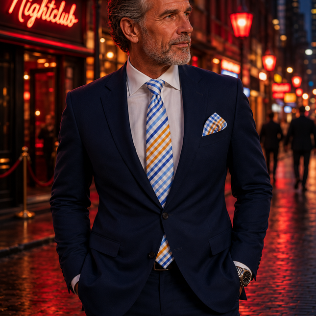 Blue and Orange Silk Tie and Pocket Square