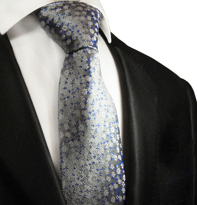Grey and Blue Floral Silk Necktie Paul Malone Ties - Paul Malone.com
