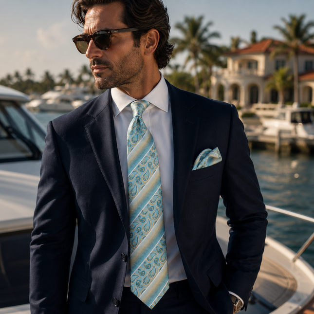 Turquoise and Champagne Paisley Silk Tie and Pocket Square