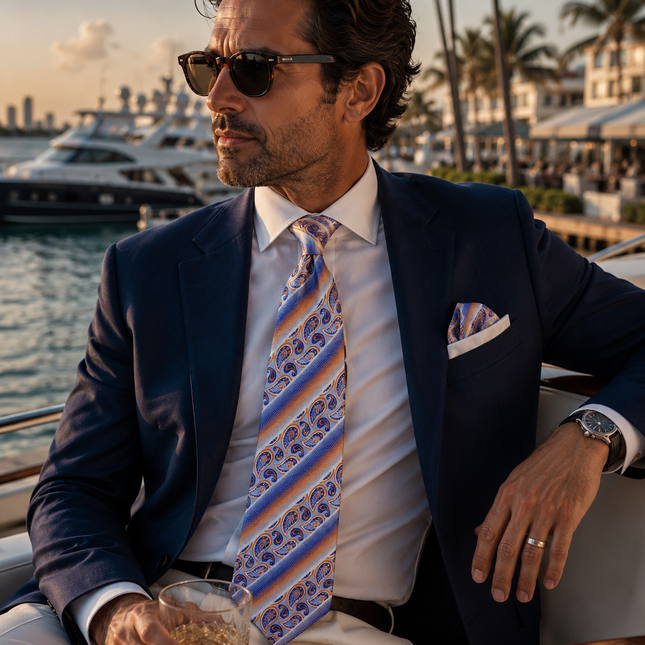 Blue and Orange Striped Silk Tie and Pocket Square