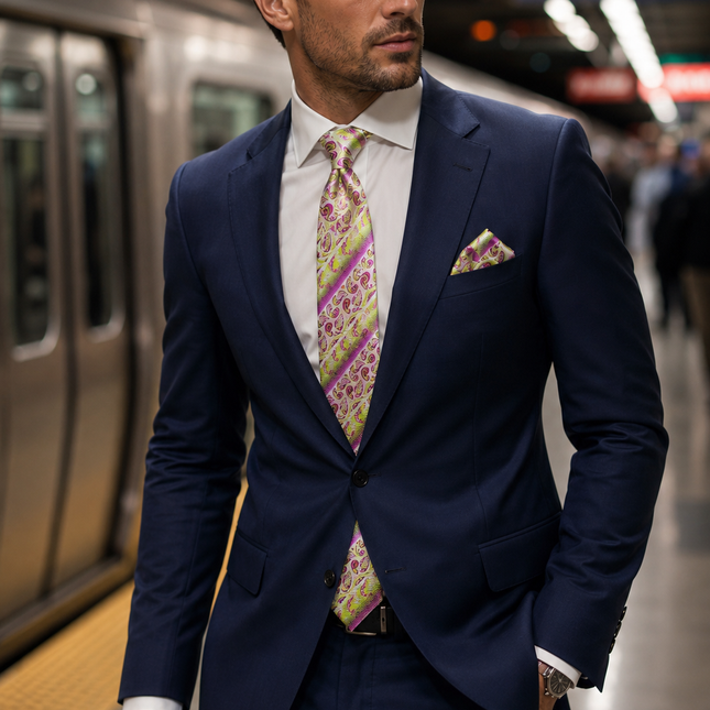 Pink and Lime Green Striped Silk Tie and Pocket Square