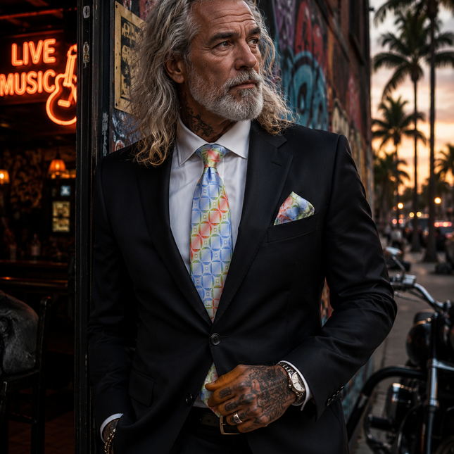 Blue Rainbow Silk Tie and Pocket Square Set