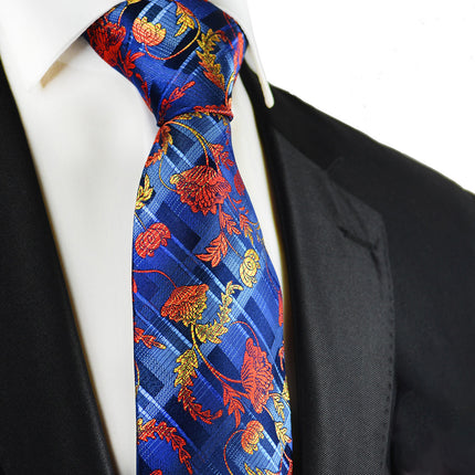 Red on Blue Floral Silk Necktie Paul Malone Ties - Paul Malone.com