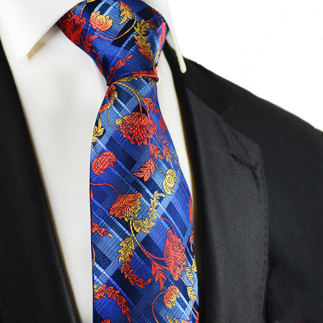 Red on Blue Floral Silk Necktie Paul Malone Ties - Paul Malone.com