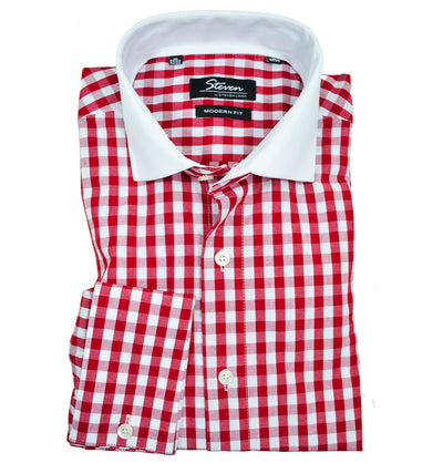 Red and White Plaid Slim Fit Dress Shirt Steven Land Shirts - Paul Malone.com