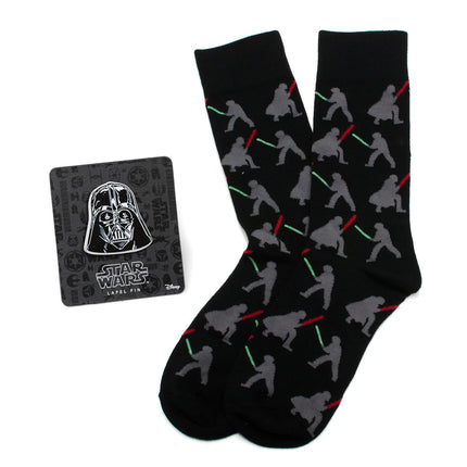 Star Wars Darth Vader and Luke Skywalker LIGHTSABER Battle Black Dress Socks and Darth Vader Lapel Pin Gift Set Star Wars Socks - Paul Malone.com