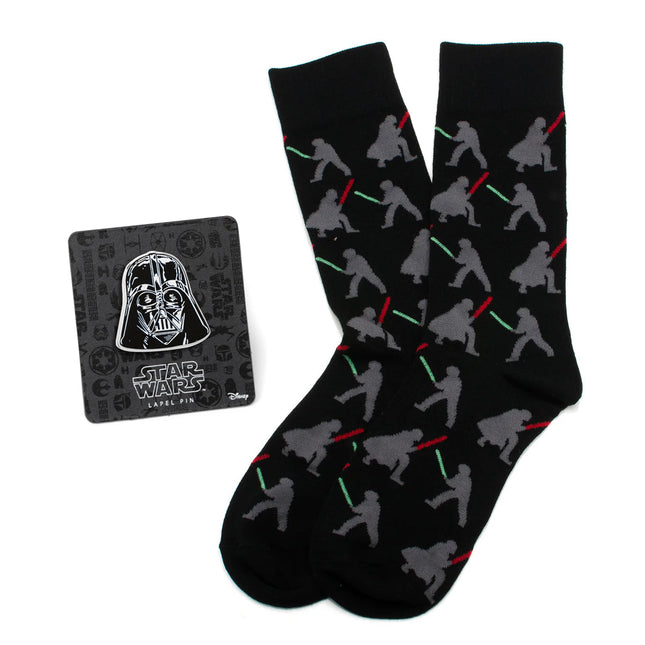 Star Wars Darth Vader and Luke Skywalker LIGHTSABER Battle Black Dress Socks and Darth Vader Lapel Pin Gift Set Star Wars Socks - Paul Malone.com