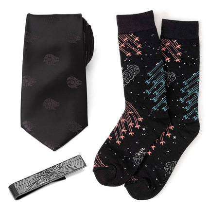 Star Wars Millennium Falcon Black Tie, X-Wing and Tie Fighter Battle Dress Socks, and Hyperspace Glow-in-the-Dark Tie Bar Gift Set Star Wars Socks - Paul Malone.com