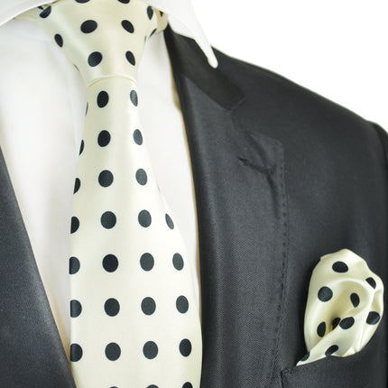 Ivory and Black Polka Dot Tie and Pocket Square Vittorio Farina Ties - Paul Malone.com