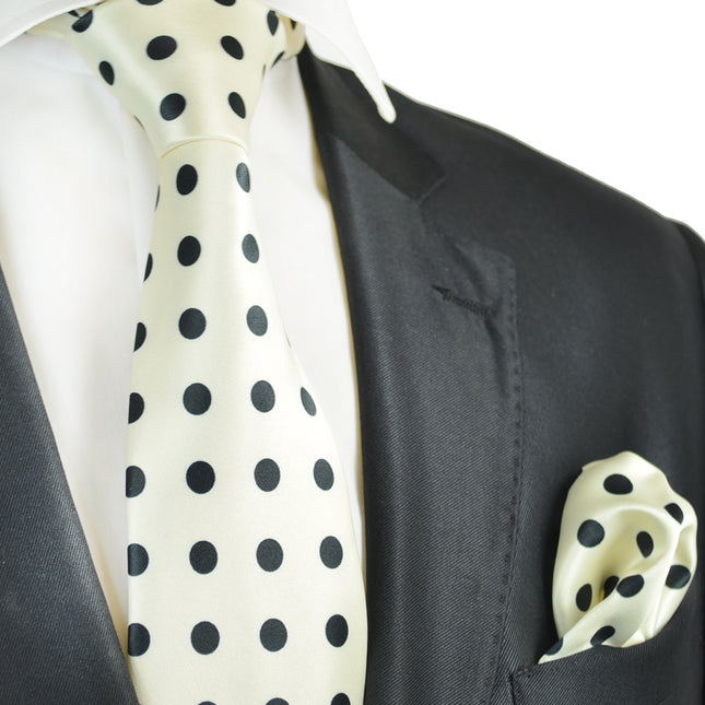 Ivory and Black Polka Dot Tie and Pocket Square Vittorio Farina Ties - Paul Malone.com