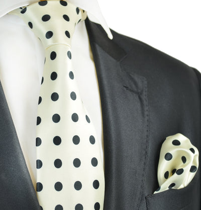 Ivory and Black Polka Dot Tie and Pocket Square Vittorio Farina Ties - Paul Malone.com