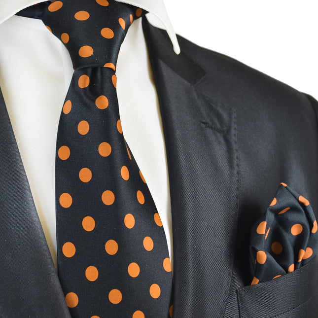 Black and Gold Polka Dot Tie and Pocket Square Vittorio Farina Ties - Paul Malone.com