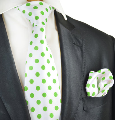 White and Lime Polka Dot Tie and Pocket Square Vittorio Farina Ties - Paul Malone.com
