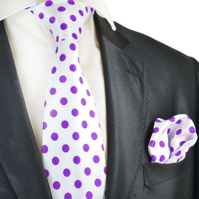 White and Purple Polka Dot Tie and Pocket Square Vittorio Farina Ties - Paul Malone.com