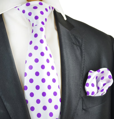 White and Purple Polka Dot Tie and Pocket Square Vittorio Farina Ties - Paul Malone.com
