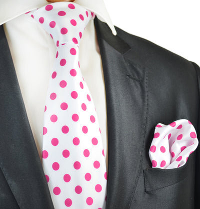 White and Pink Polka Dot Tie and Pocket Square Vittorio Farina Ties - Paul Malone.com
