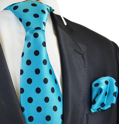 Turquoise and Black Polka Dot Tie and Pocket Square Vittorio Farina Ties - Paul Malone.com