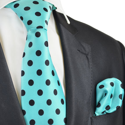 Aqua and Black Polka Dot Tie and Pocket Square Vittorio Farina Ties - Paul Malone.com