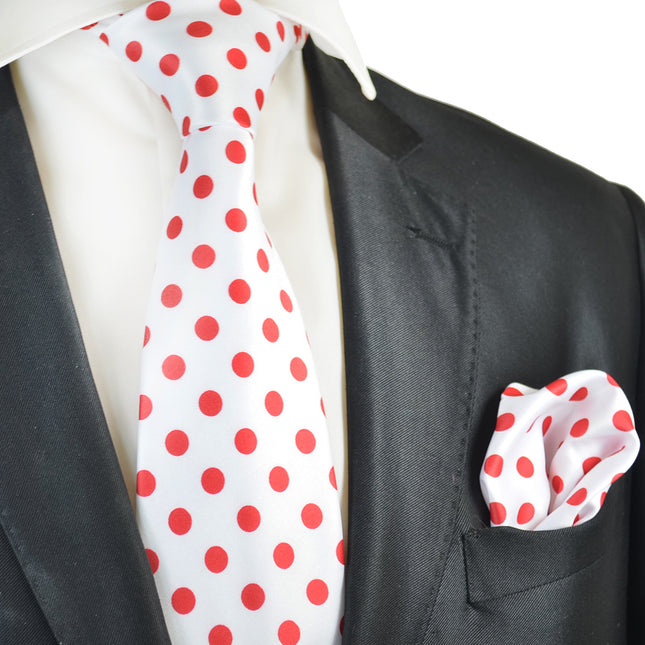 White and Red Polka Dot Tie and Pocket Square Vittorio Farina Ties - Paul Malone.com