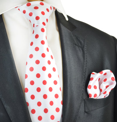 White and Red Polka Dot Tie and Pocket Square Vittorio Farina Ties - Paul Malone.com