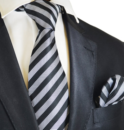 Black and Silver Striped Tie Set Paul Malone Ties - Paul Malone.com