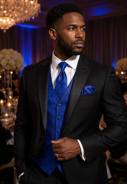 Classic Royal Blue Paisley Tuxedo Vest Set Paul Malone Vest - Paul Malone.com