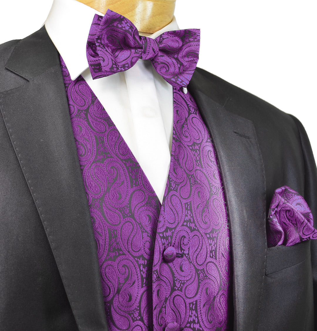 Outlet Wisteria Paisley Satin Vest and Matching Bow Tie or Long Tie and Pocket Square